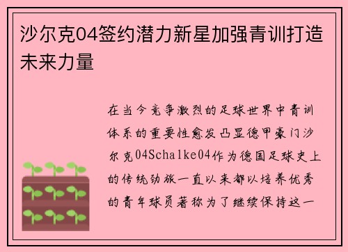 沙尔克04签约潜力新星加强青训打造未来力量