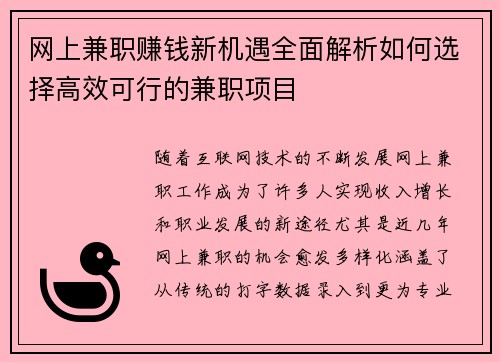 网上兼职赚钱新机遇全面解析如何选择高效可行的兼职项目