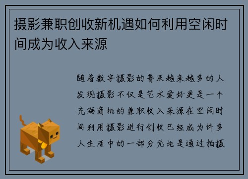 摄影兼职创收新机遇如何利用空闲时间成为收入来源