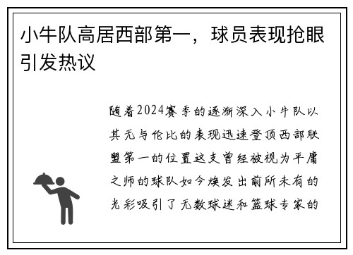 小牛队高居西部第一，球员表现抢眼引发热议