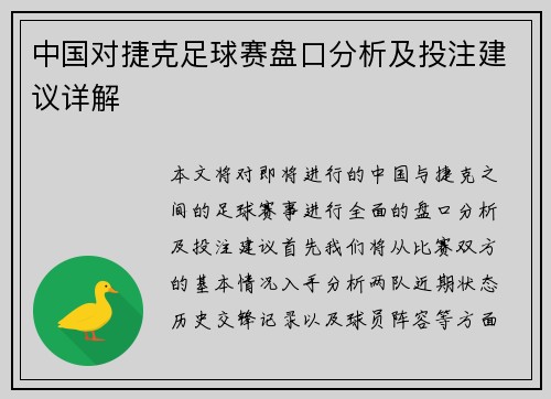 中国对捷克足球赛盘口分析及投注建议详解
