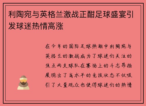 利陶宛与英格兰激战正酣足球盛宴引发球迷热情高涨