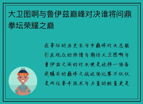 大卫图啊与鲁伊兹巅峰对决谁将问鼎拳坛荣耀之巅