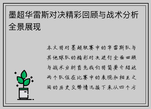 墨超华雷斯对决精彩回顾与战术分析全景展现