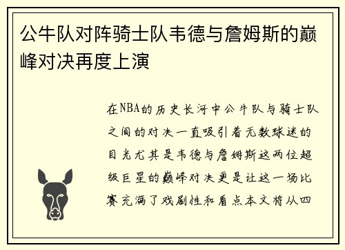 公牛队对阵骑士队韦德与詹姆斯的巅峰对决再度上演