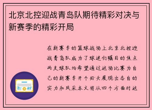 北京北控迎战青岛队期待精彩对决与新赛季的精彩开局