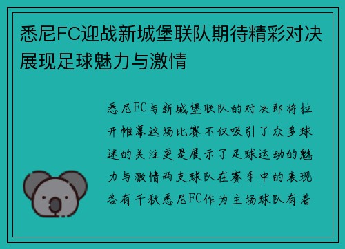 悉尼FC迎战新城堡联队期待精彩对决展现足球魅力与激情