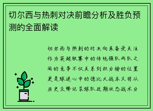 切尔西与热刺对决前瞻分析及胜负预测的全面解读