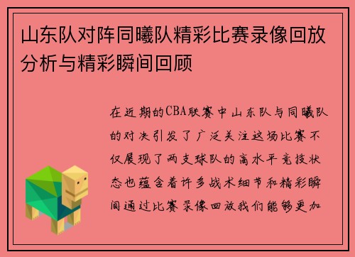 山东队对阵同曦队精彩比赛录像回放分析与精彩瞬间回顾