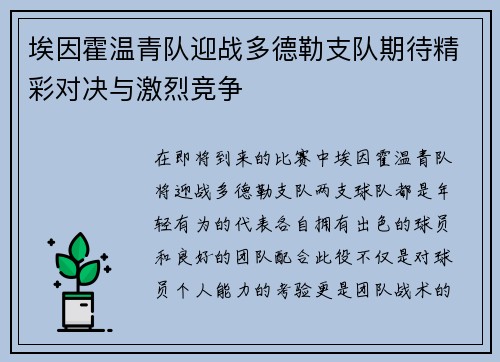 埃因霍温青队迎战多德勒支队期待精彩对决与激烈竞争