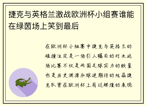 捷克与英格兰激战欧洲杯小组赛谁能在绿茵场上笑到最后