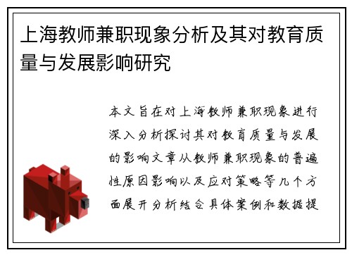 上海教师兼职现象分析及其对教育质量与发展影响研究