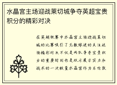 水晶宫主场迎战莱切城争夺英超宝贵积分的精彩对决