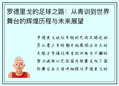 罗德里戈的足球之路：从青训到世界舞台的辉煌历程与未来展望