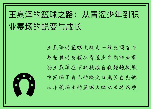 王泉泽的篮球之路：从青涩少年到职业赛场的蜕变与成长