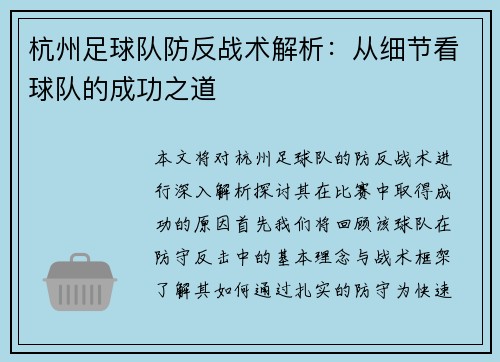 杭州足球队防反战术解析：从细节看球队的成功之道